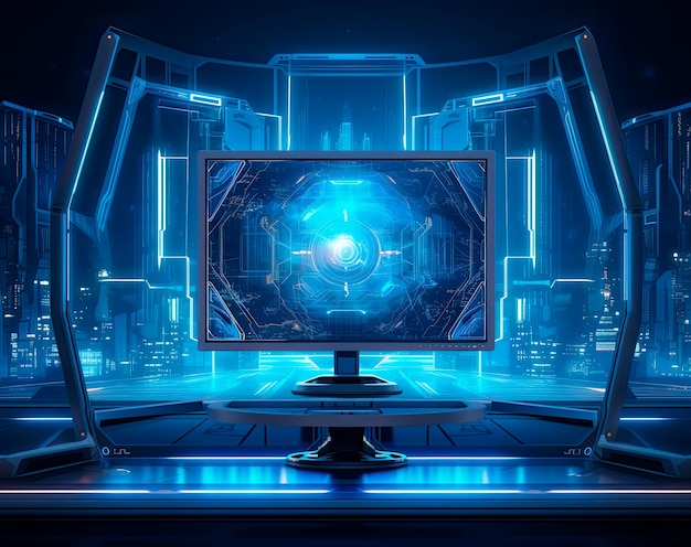 3D monitor with computer in futuristic interior with lights in map montage style