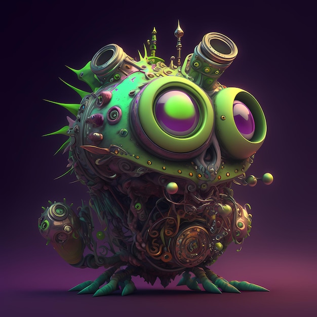 3D Monster steampunk cartoon character with robotic body