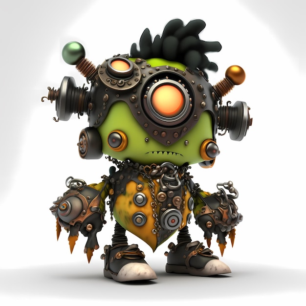 3D Monster steampunk cartoon character with robotic body