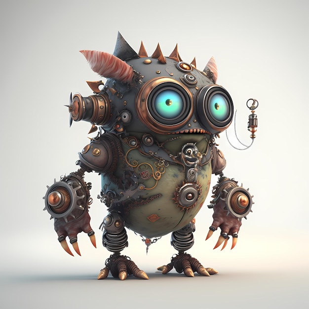 3D Monster steampunk cartoon character with robotic body