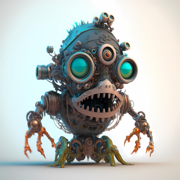 3D Monster steampunk cartoon character with robotic body