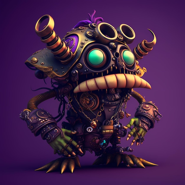 3D Monster steampunk stripfiguur met robotachtig lichaam