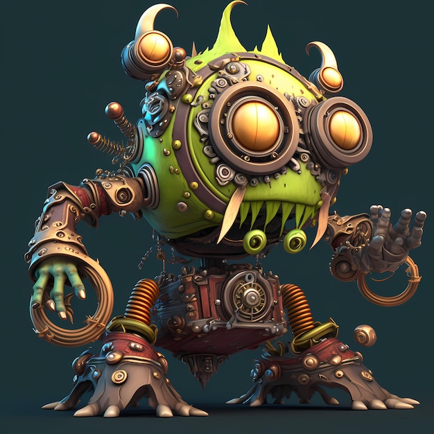 3D Monster steampunk stripfiguur met robotachtig lichaam