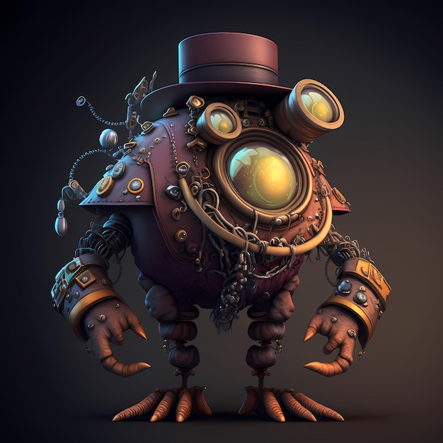 3D Monster steampunk stripfiguur met robotachtig lichaam