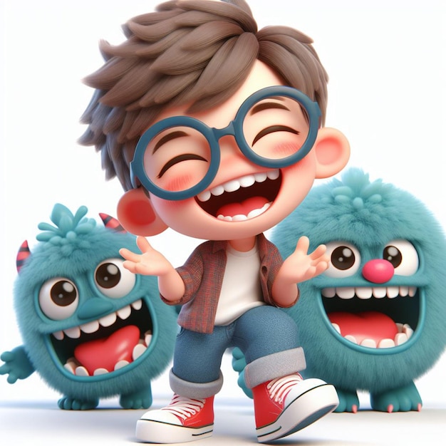 3d monsters and a boy laughing