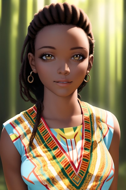 Foto 3d mooie afrikaanse vrouw in een dashiki-jurk in digitale het schilderen illustratie van de animestijl