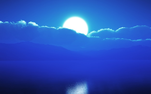 3D moonlit sky over the ocean