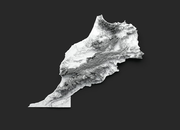 3d Morocco Map Black And White Shaded Relief Hypsometric Map On Black Background 3d illustration