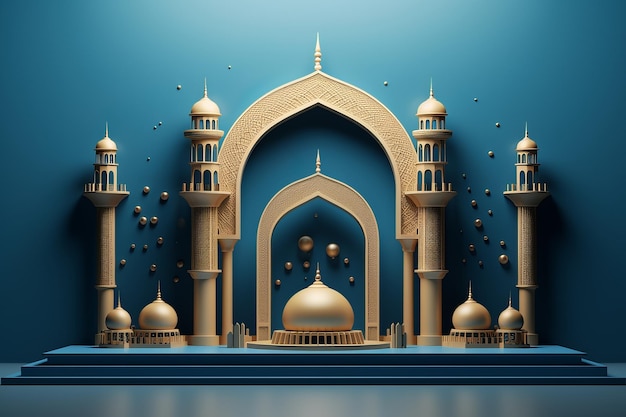 3d moskee blauwe achtergrond