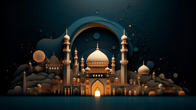 3D mosque on blue backdrop Ramadan