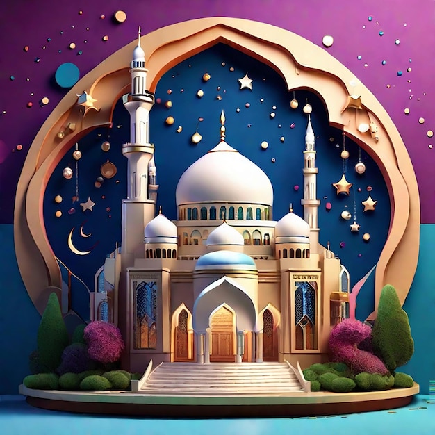 3D mosque illustration decorated with lots of stars hanging generated by AI