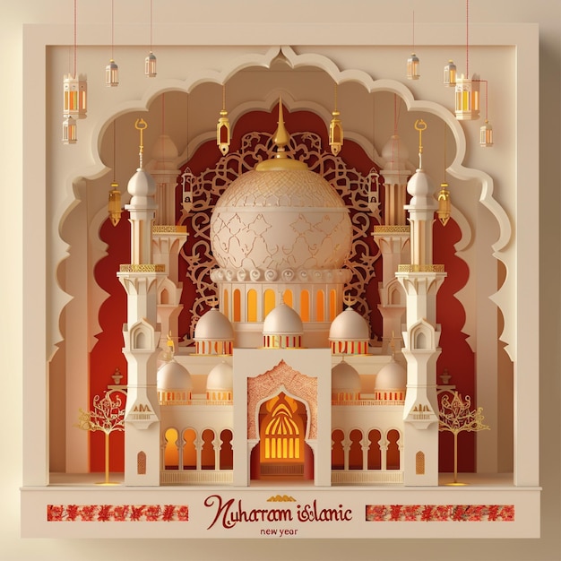Photo 3d mosque illustration happy muharram islamic new year