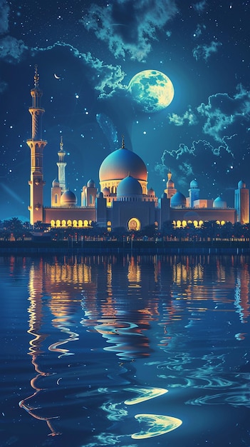 3D mosque illustration with moon in the sky generated by ai