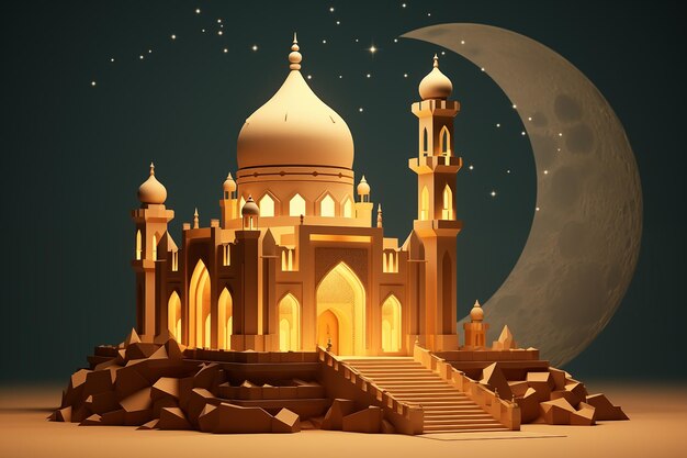 3D mosque and the moon on a dark green background