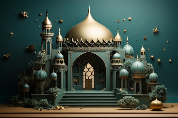 3d mosque with green background