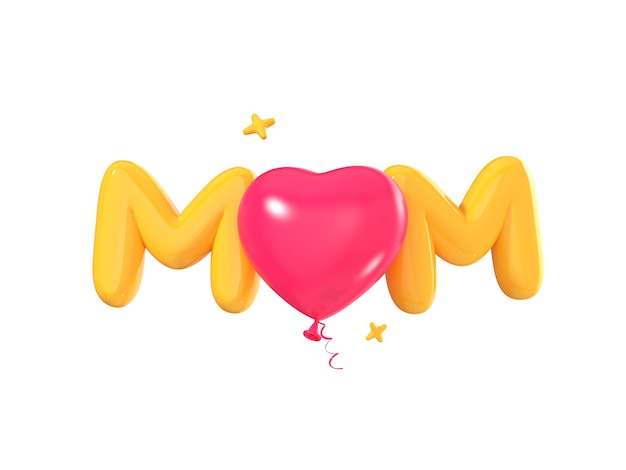 3D Mother's Day with Yellow Mom text and pink heart shaped balloon 8 March Women's day poster Decoration element for banner Cartoon creative design icon isolated on white background 3D Rendering