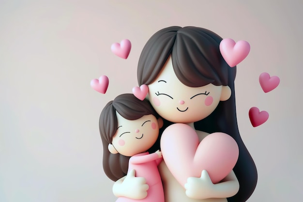 Photo 3d mothers day background with mom and child happily hugging while holding heart gift