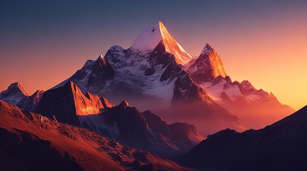 3d mountain landscape against a sunset sky