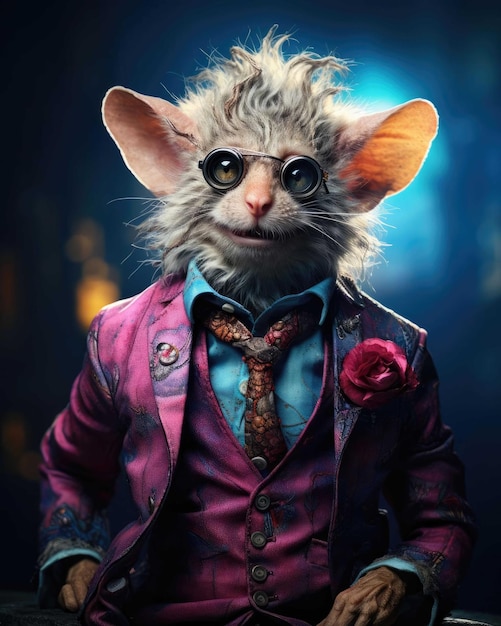 Photo 3d mouse with a human body looking serious wearing a suit with a dramatic studio background