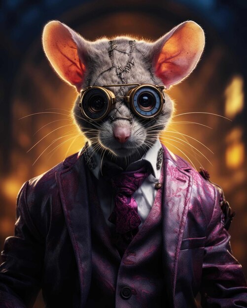 Photo 3d mouse with a human body looking serious wearing a suit with a dramatic studio background