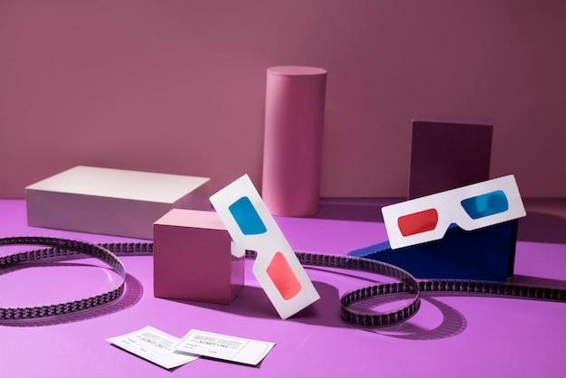 3d movie glasses and geometric shapes arrangement