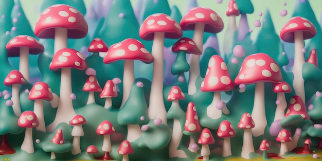 3D, Multicolored amanita mushrooms