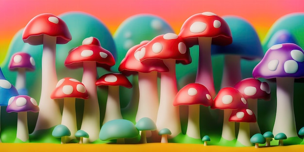 3D, Multicolored amanita mushrooms