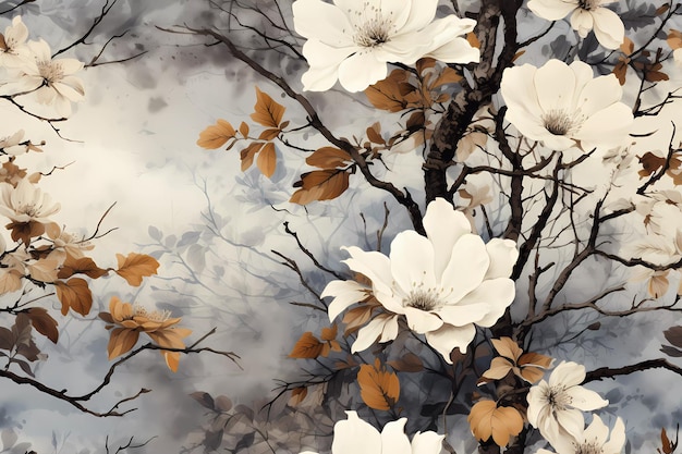 3D mural floral wallpaper paint trees and branches on light drawing background with brown leaves