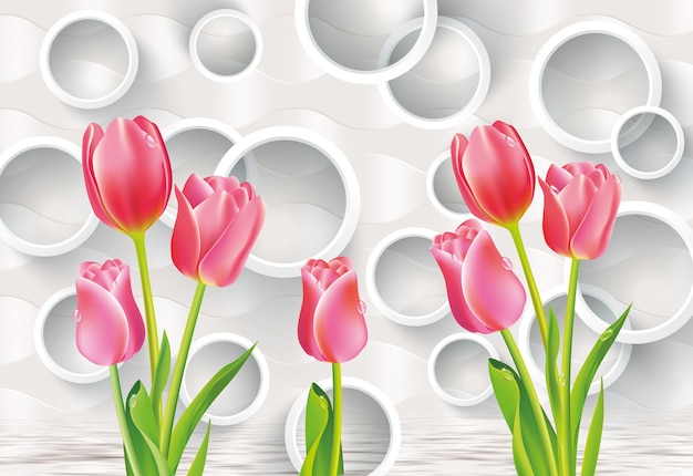 3d mural illustration wallpaper with flowers and circles in light gray background For home decor