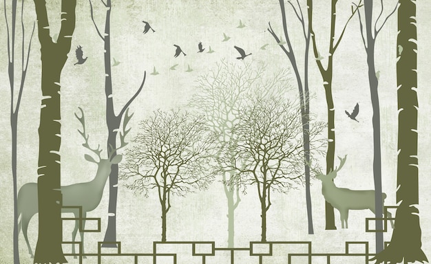 3d mural wallpaper trees in winter snow with branches and flowers Deer and birds in flat background