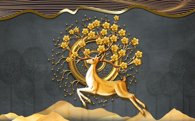 3d mural wallpaper wall art.Deer and branches of flowers golden waves lines in black background