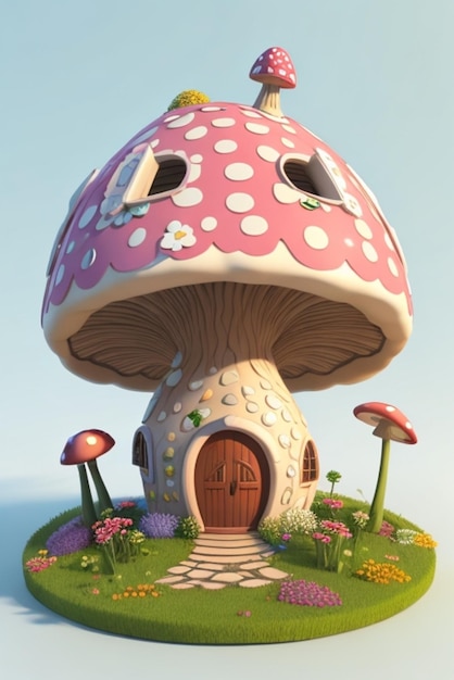 3d mushroom house with a beautiful flowers