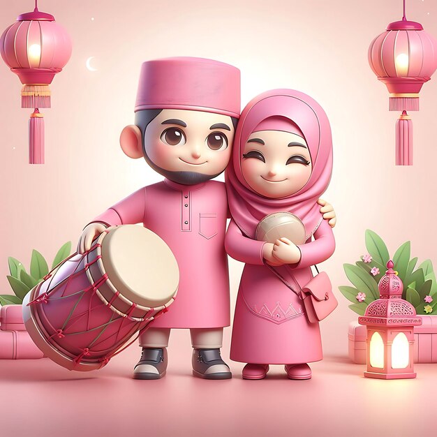 Foto 3d muslim beautiful couple background design (design di sfondo per una bella coppia musulmana)