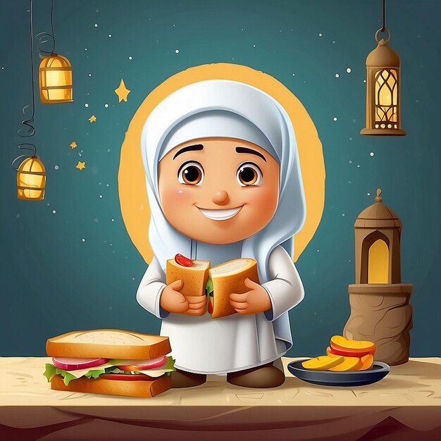 3d muslim cartoon character and sandwich