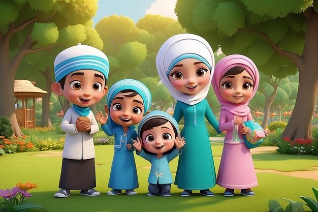 3D Muslim Kids Cartoon Sharing Joyful Moments