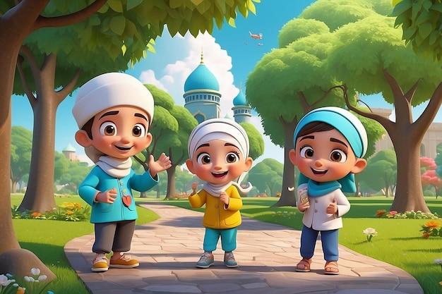 3D Muslim Kids Cartoon Sharing Joyful Moments