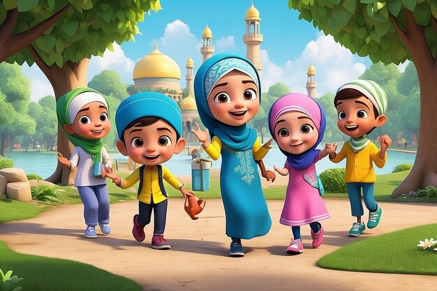 Photo 3d muslim kids cartoon sharing joyful moments