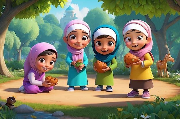 Photo 3d muslim kids cartoon sharing joyful moments