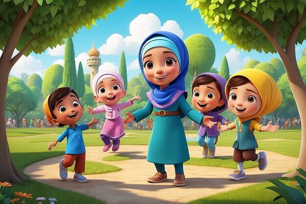 Photo 3d muslim kids cartoon sharing joyful moments