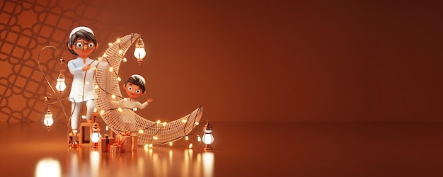 3D Muslim Man And Boy Decorated Crescent Moon With Lighting Garland Lit Lanterns Gift Boxes And Copy Space On Brown Background For Islamic Festival Concept