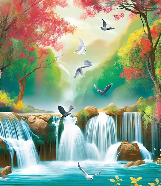 3D muurschildering kleurrijk landschap bloemen tak meerdere kleuren met bomen en water Waterval en vliegende vogels geschikt om op canvas te printen genereren ai