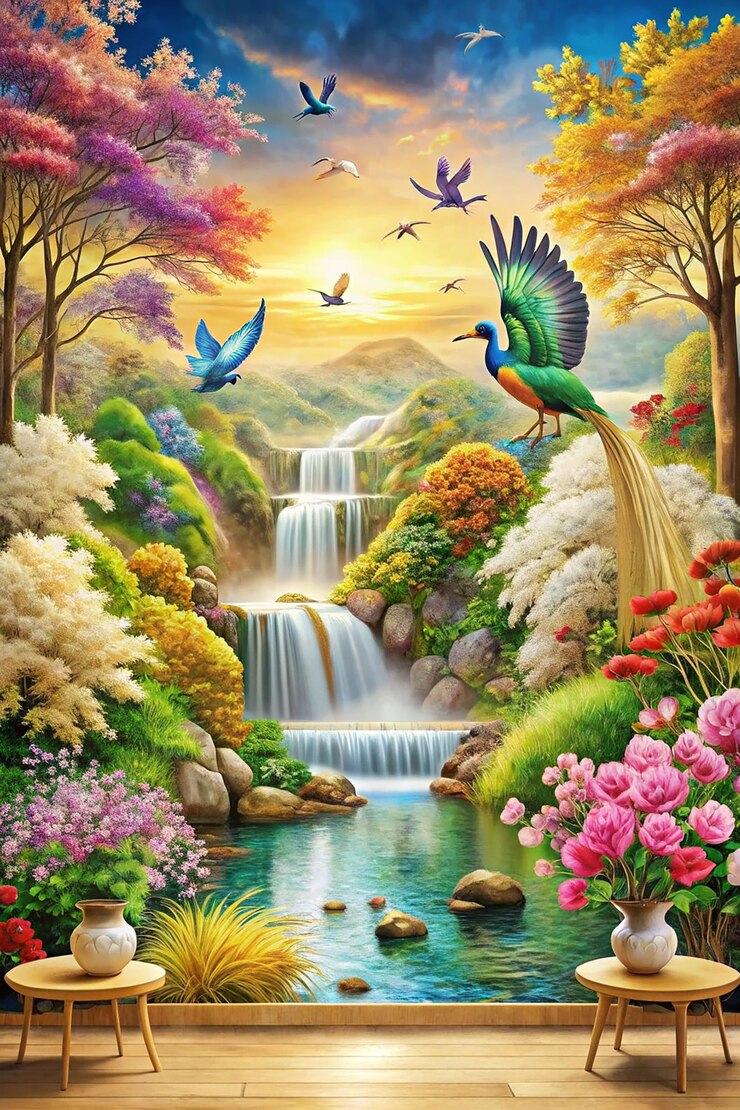 Foto 3d muurschildering kleurrijk landschap bloemen takken multi kleuren met bomen en water waterval en vliegende vogels geschikt voor afdrukken 3d muirschildering kleurig landschap