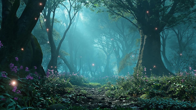 3D mystical forest wallpaper enchanted trees magical lighting background