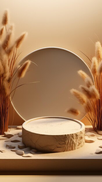 3D Natural Beauty Product Podium met Earthy Elements op de achtergrond