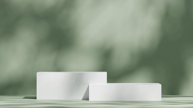 写真 緑の背景の3d自然白のポディウムディスプレイと自然の葉の影の豪華な製品モックアップ