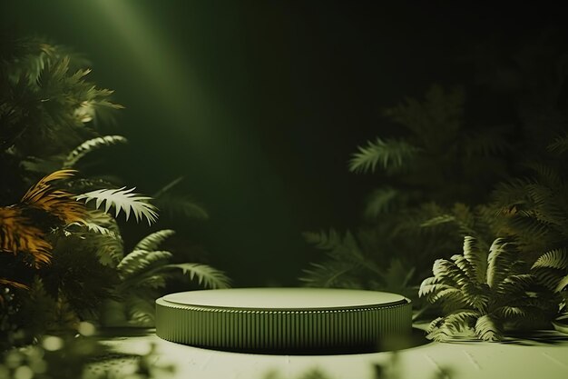 3D Nature Podium with Green Stand and Palm Leaf for Cosmetic Beauty Product Promotion in Studio Render Mockup