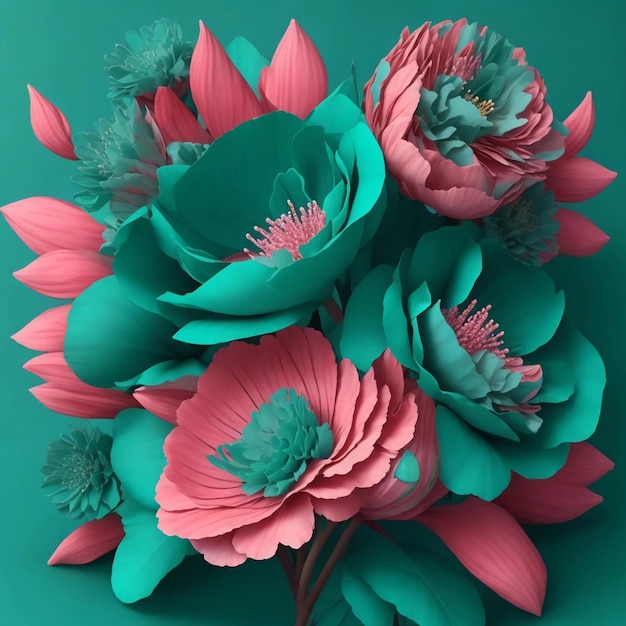 3d-natuur teal roze kleur bloemenboeket achtergrond romantiek plant decoratie generatieve ai