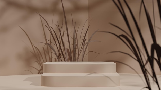 3D natuurlijke schaduw pastel beige achtergrond met voetstuk podium mockup voor beauty product showcase