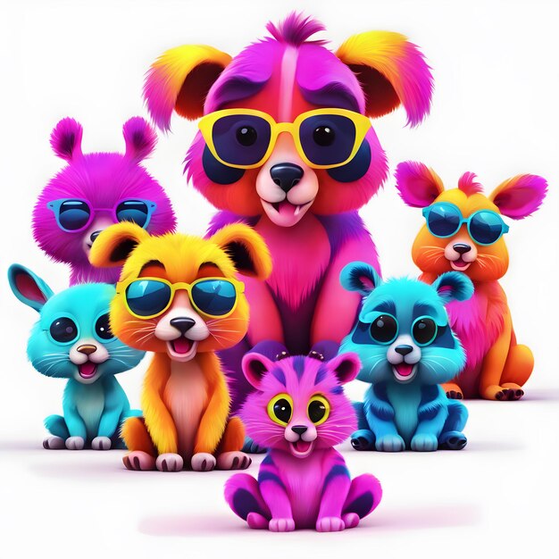 3D neon color cute fairy tale animals clipart