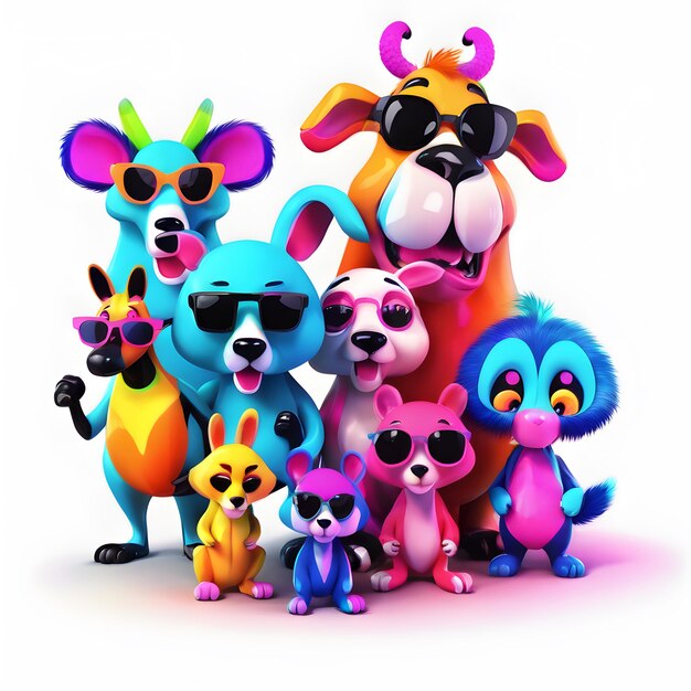 3D neon color cute fairy tale animals clipart